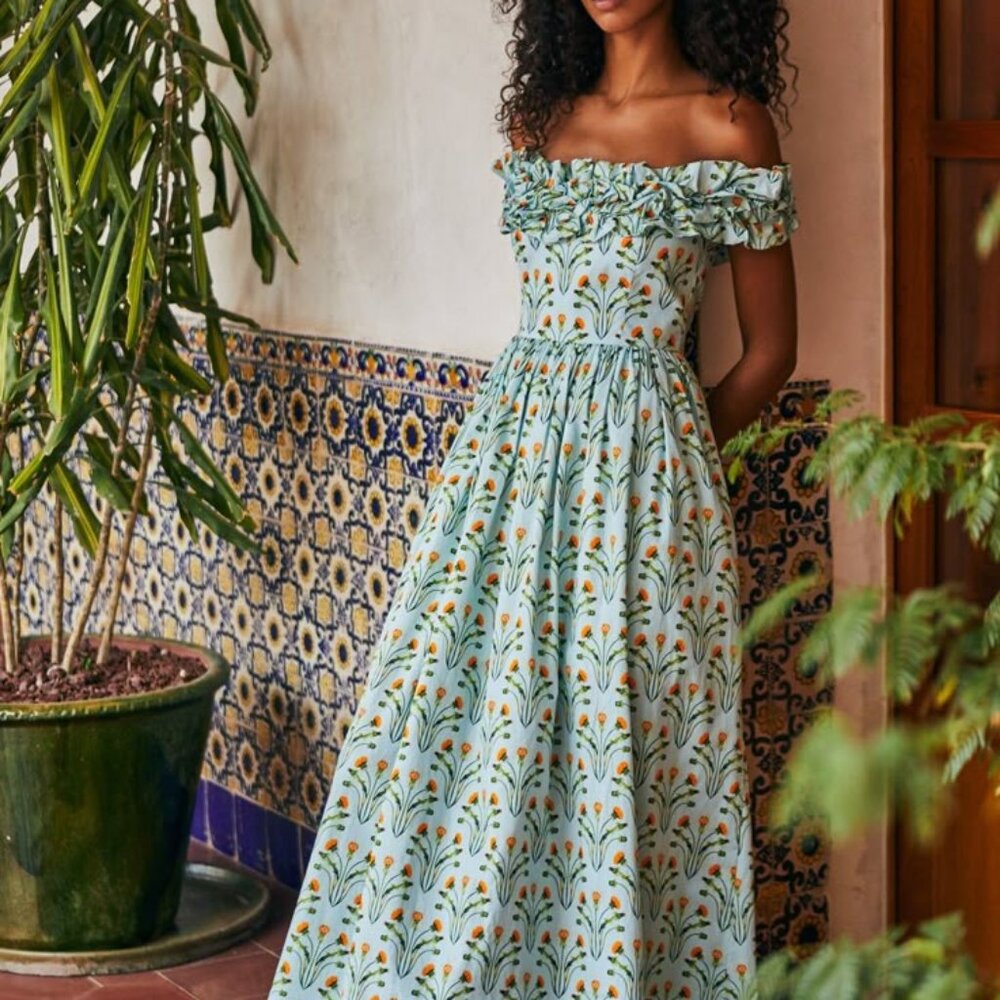 NWT Agua by Agua Bendita Espliego Diente Leon Maxi Dress Blue Floral Sz S